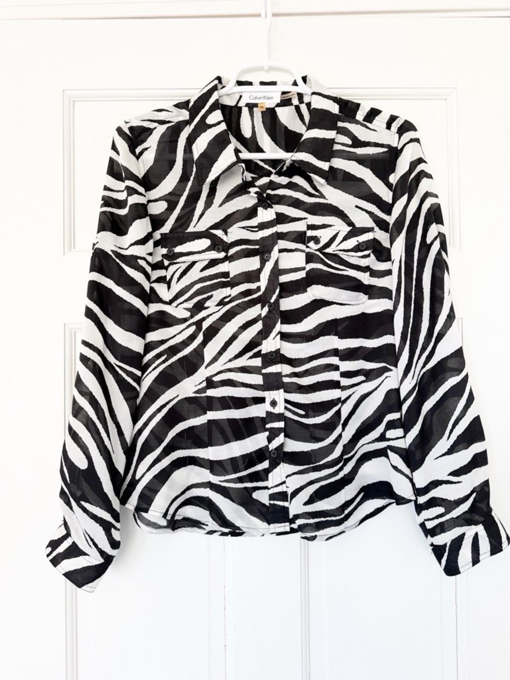 CALVIN KLEIN button down shirt size PM M black white zebra stripes semi-sheer